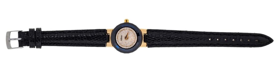 An 18ct gold, diamond quartz wristwatch, by H. Stern, the pave brilliant-cut diamond circular dial, with spear point hands, within diamond line border, and faceted synthetic sapphire bezel, quartz movement, the case back signed H.Stern, numbered...