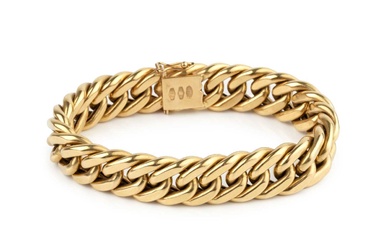 An 18ct gold hollow curb link bracelet, the clasp stamped...