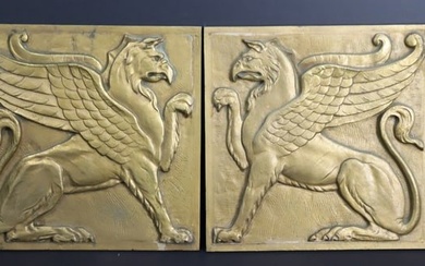 An Antique Pair Of Gilt Bronze Gryphon Plaques