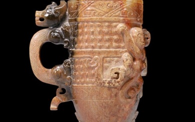 An Archaic White Jade 'Figure& Chi-Dragon' Cup