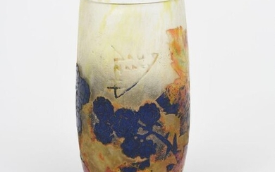 An Art Nouveau Daum Nancy cameo glass vase, swollen cylindrical mottled yellow glass body cased with fruiting blackberry sprays in blue, acid cast Daum Nancy mark, 12.5cm. high
