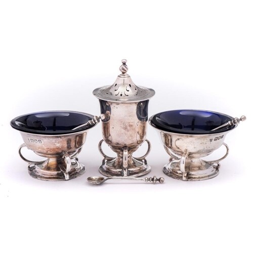 An Edward VII silver three-piece cruet set, maker Josiah Wil...