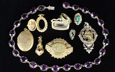 An Edwardian White Metal & Amethyst Necklace, a Georgian gold clip with chip diamonds and peridot ce