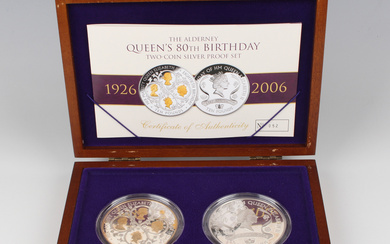 An Elizabeth II Royal Mint Alderney silver proof two-coin set celebrating HM The Queen's 80th B