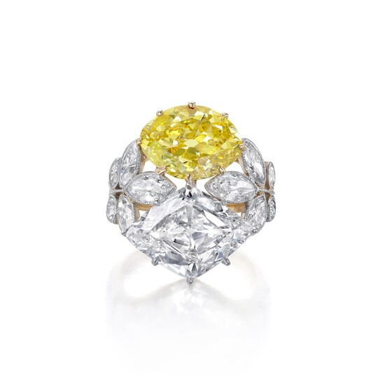 An Exceptional Belle Époque Fancy Vivid Yellow Diamond, Diamond, Platinum, and Gold Ring