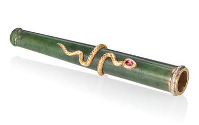 An Imperial Faberge Rose Diamond and Ruby-set Gold Mounted Nephrite Cigarette Holder