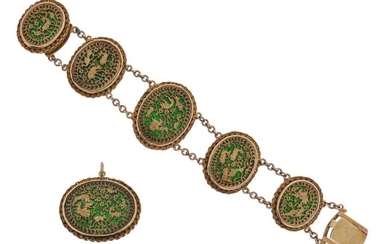 An Indian gold Pertabghar bracelet and brooch, the oval links...