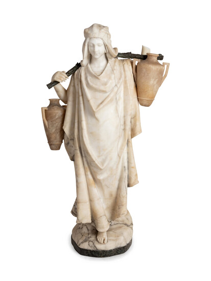 An Italian Carved Alabaster and Cast Metal Orientalist Water Carrier Figure