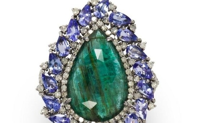 An emerald, tanzanite and diamond ring