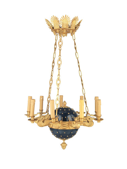 An impressive pair of Empire revival gilt bronze and painted chandeliers