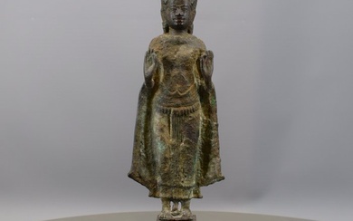 Ancient Khmer Bronze A KHMER BRONZE FIGURE OF A CROWNED BUDDHA, 13TH CENTURY - 23 cm