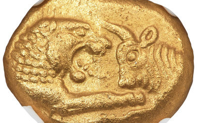 Ancients: , LYDIAN KINGDOM. Croesus (561-546 BC). AV stater (15mm, 8.05 gm). NGC Choice AU 5/5 - 3/5....