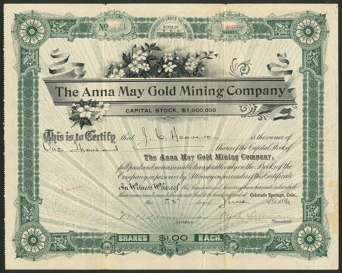 Anna May Gold Mining Company, Colorado, pair of certificates for $1 shares, the first 189[9], #...