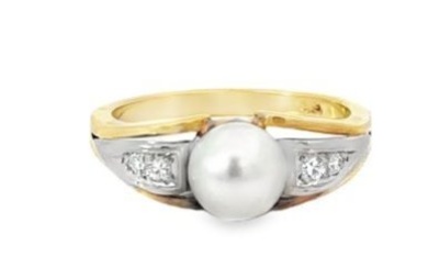 Antique Art Deco Pearl and Diamond Ring 14K