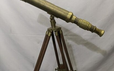 Antique Brass Telescope on Wooden Tripod