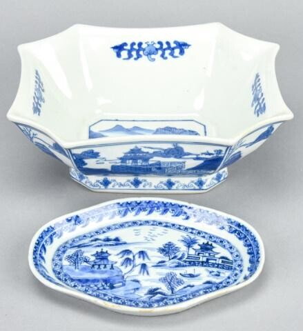 Antique Chinese Canton Blue & White Bowl & Dish