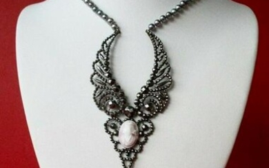 Antique Cut-Steel and Pink Cameo Necklace With Gray