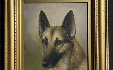 Antique English Dog Painting - Portrait of a German Shepherd Dog, Signed Dated