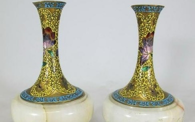 Antique French Pair Of Bronze Champleve & Onyx Vases
