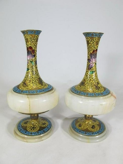 Antique French Pair Of Bronze Champleve & Onyx Vases
