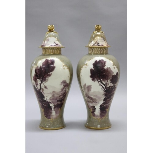 Antique Royal Worcester large pair of vases and covers paint...