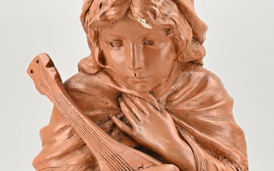 Antique signed terracotta female bust. Sole Mio. By G. van Vaerenbergh. Circa 1900. Size: H...