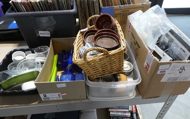 Approximately 4 boxes of items, including blue glassware, photo frames,...