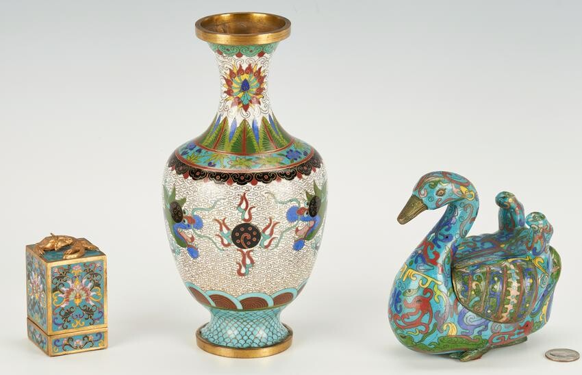 Asian Cloisonne Duck, Vase, & Box, 3 items