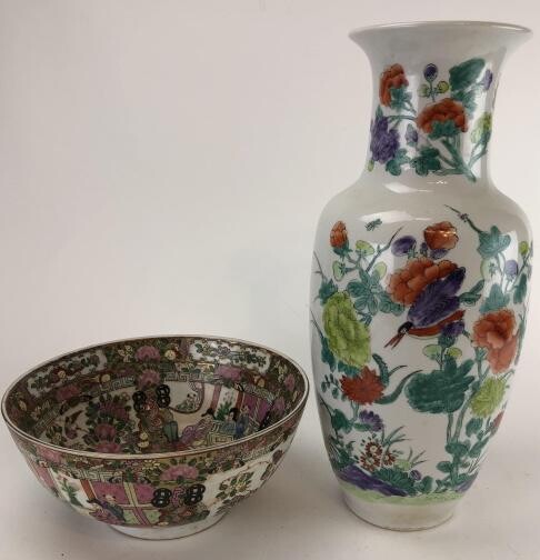 Asian Porcelain Famille Rose Bowl and Crane Vase