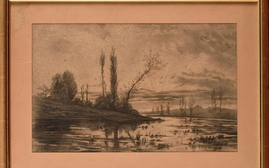 Auguste ALLONGÉ (1833-1898) Bord de rivière Fusain sur...