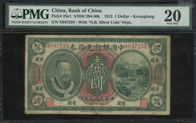 <B>Bank of China,<P> $1, 1912, Kwangtung, serial number X047234, with N.B. silver coin overprin...