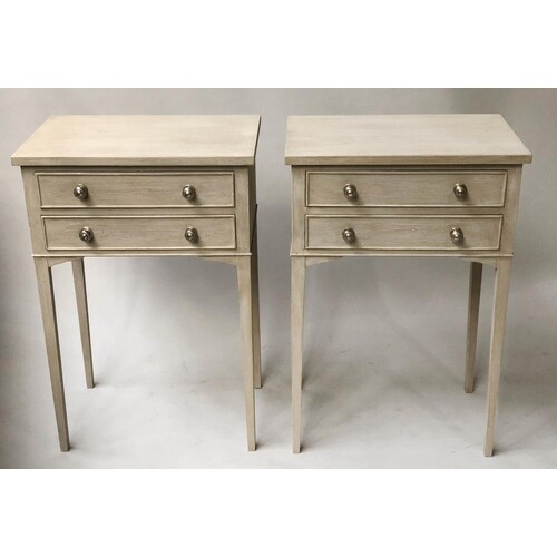 BEDSIDE/LAMP TABLES, a pair, Georgian style grey painted and...