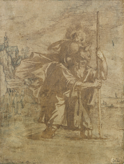 BOLOGNESE SCHOOL, 17TH CENTURY Saint Christopher Carrying the Christ Child. Brush and brown...