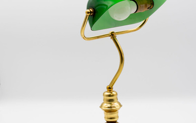 BRASS BANKER LAMP AND GREEN GLASS LAMPSHADE, SWIVEL, ANTIQUE.