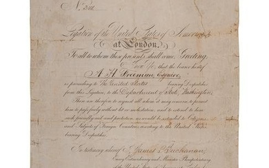 BUCHANAN, James (1791-1868). Partly printed Bearer of Despatches document signed ("James Buchanan")