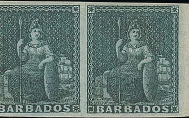 Barbados 1852-55 blued paper 2d. greyish slate, horizontal pair from the right of the sheet; o...