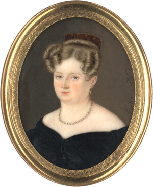 Blés (auch Blès), Gustave – Miniatur Portrait einer jungen Frau in schwarzem Kleid mit Perlenschmuck, plus Beigabe: junger Mann