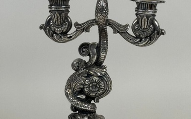 Bougeoir en bronze argenté à deux bras de lumière, à décor d'un serpent, le pied...