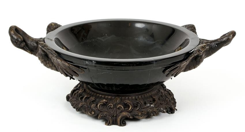 Brass Swan Handled Stone Centerpiece Bowl