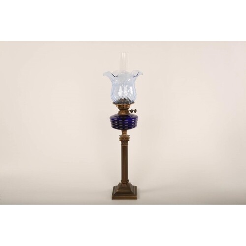 Brass oil lamp Light blue flower shaped glass globe, blue gl...