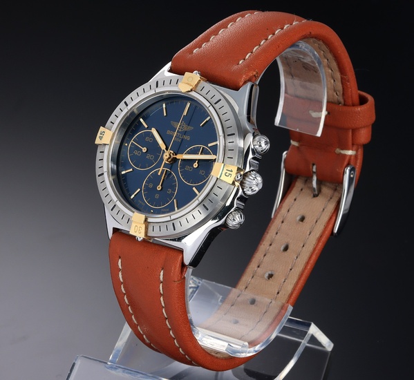 Breitling 'Callisto'. NOS men's steel chronograph with blue dial, 1990s