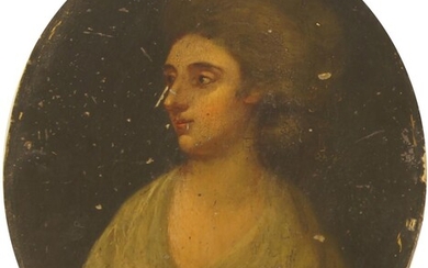 British School, late 18th century- Portrait of a lady quarter length turned to the left; oil on panel, oval, held within an oval gilded composition gadrooned frame, 24.5 x 19.5 cm