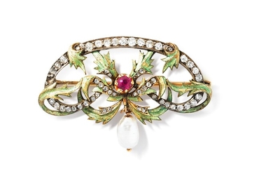 Broche émail, perle, rubis et diamants | Enamel, pearl, ruby and diamond brooch