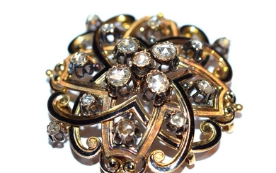 Broche ronde ou pendentif or jaune et émail époque Napoléon III rehaussée de diamants taille...