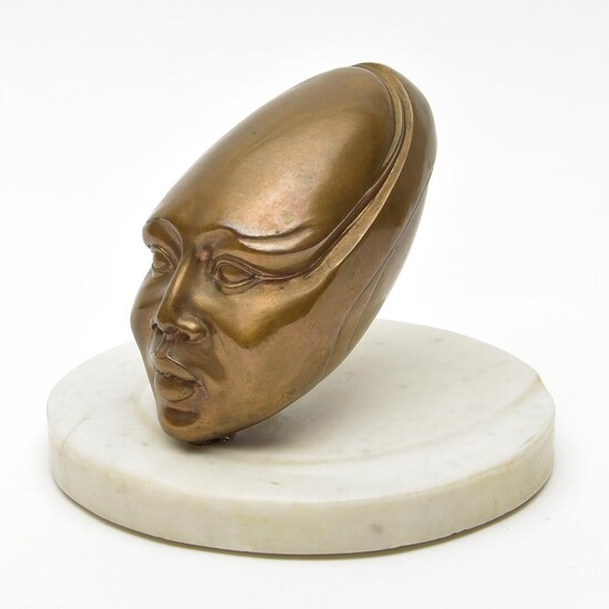 Bronze futuristic "head" on marble base, designer &...