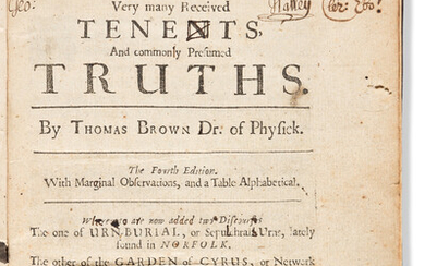 Browne, Sir Thomas (1605-1682) Pseudodoxia Epidemica. London: Printed for Edward Dod to be...