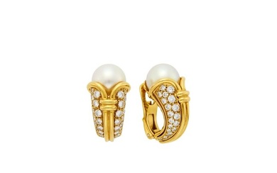 Bulgari Pair of Gold, Cultured Pearl and Diamond Earclips