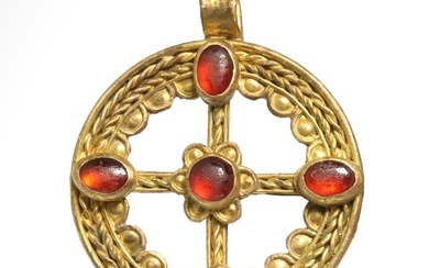 Byzantine Open Work Gold and Garnet Cross Pendant, c. 6th-7th Century A.D.
