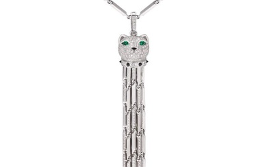 CARTIER, AN EXCEPTIONAL EMERALD, ONYX AND DIAMOND PANTHERE TASSEL PENDANT NECKLACE in 18ct white