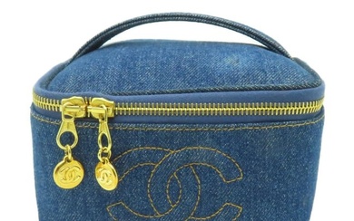 CHANEL CC GHW Vintage Vanity Case Cosmetic Bag Denim Blue